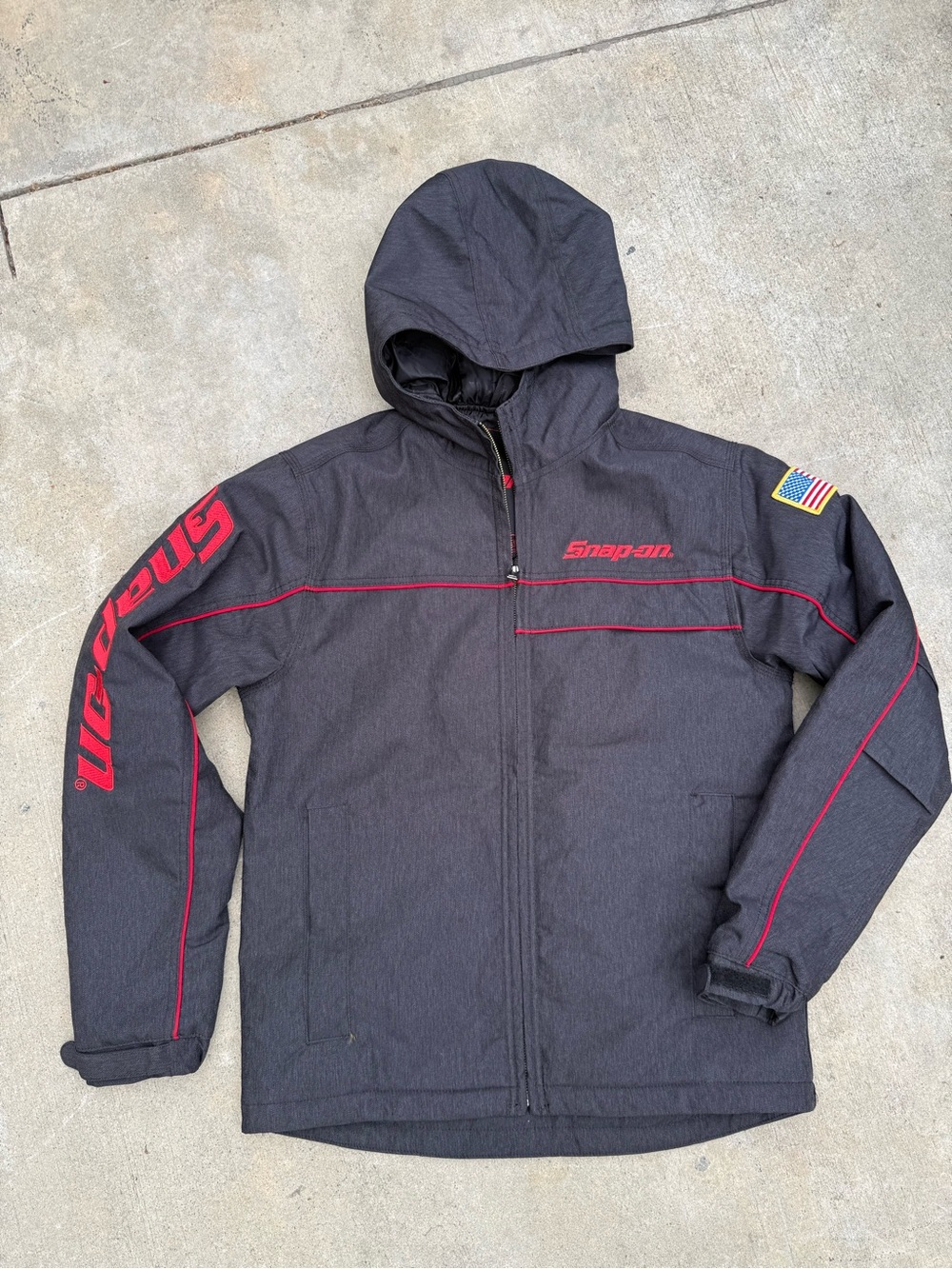 Snap-On Black Hooded Jacket with Red Accents and Sleeve Logo